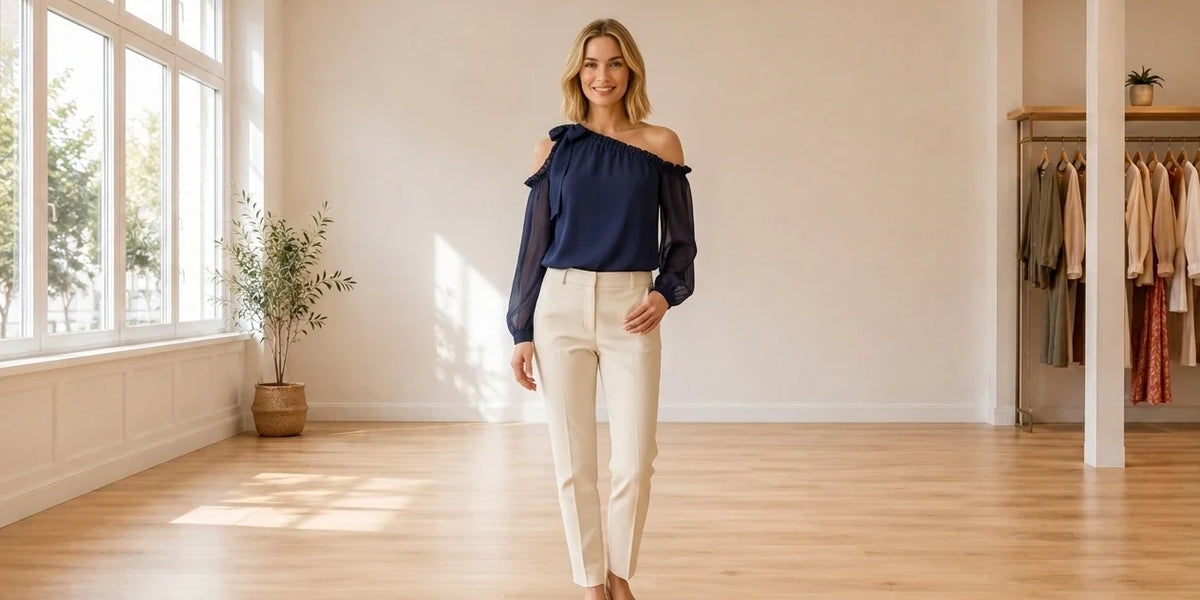 Model wearing Women's Petite XX-Small Tops Women's Petite Solid One-Shoulder Top in Online Warehouse Sale boutique studio