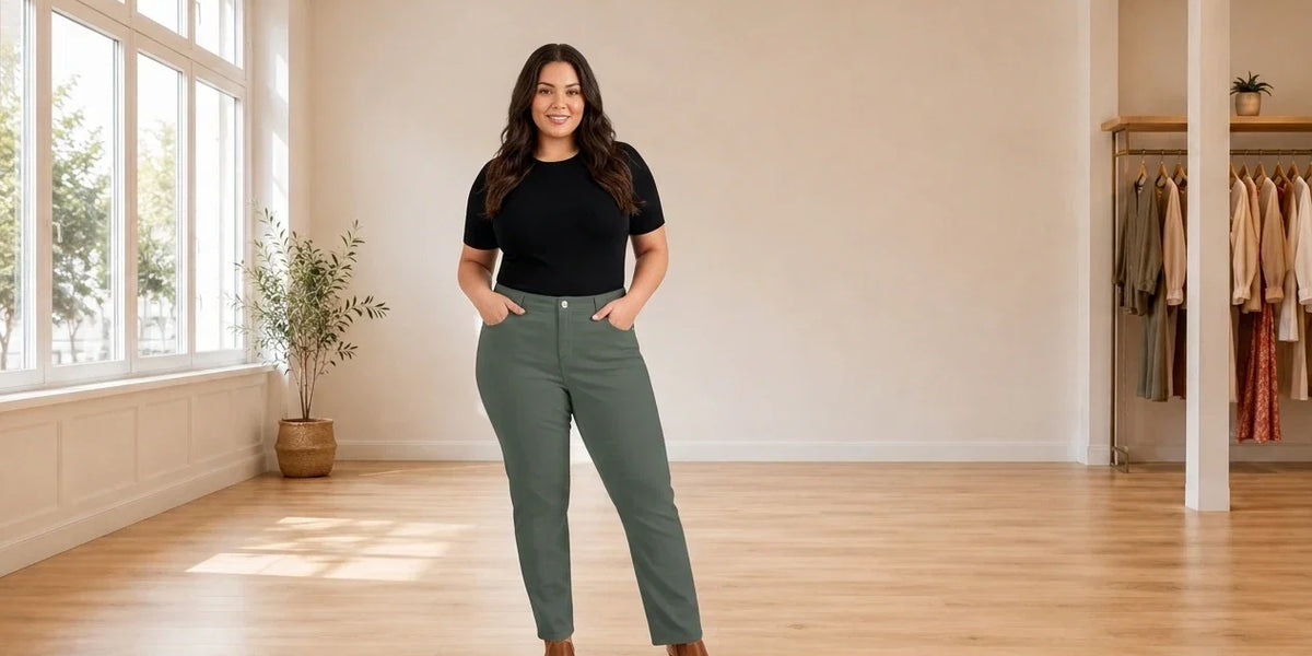 Model wearing Women's Plus 0X Bottoms Women's Plus High-Rise Straight Jeans in Online Warehouse Sale boutique studio