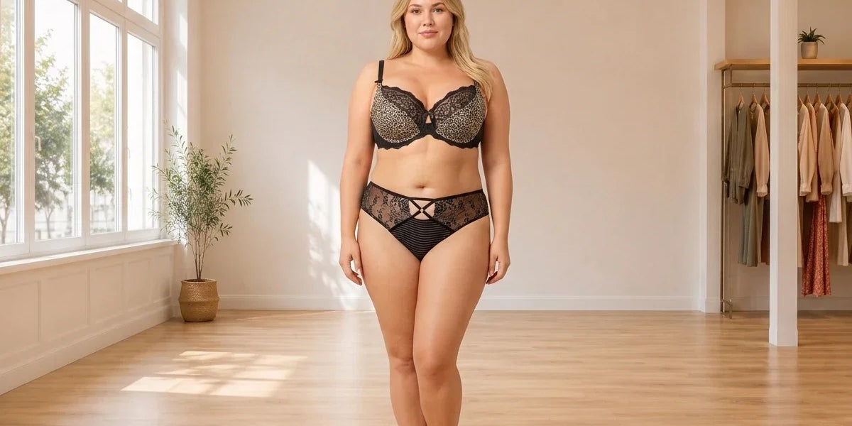A woman modeling a black lace lingerie set consisting of a bra and matching panties, standing in a bright, modern studio with wooden floors and large windows.
