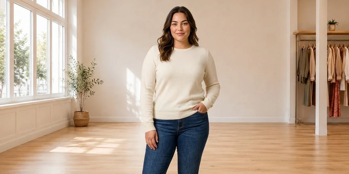 Model wearing Women's Plus 0X Cardigans Women's Plus Cashmere Crewneck Sweater in Online Warehouse Sale boutique studio