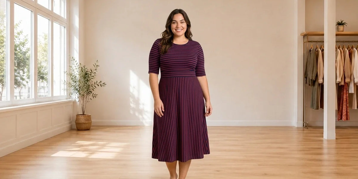Model wearing Women's Plus 0X Dresses Women's Plus Banded-Waist Knit Midi Dress in Online Warehouse Sale boutique studio