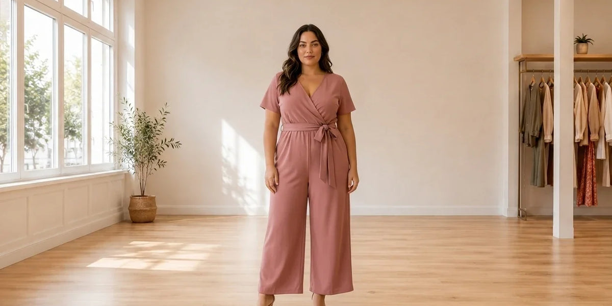 Model wearing Women's Plus 0X Jumpsuits and Rompers Women's Plus Wide-Leg Jumpsuit in Online Warehouse Sale boutique studio