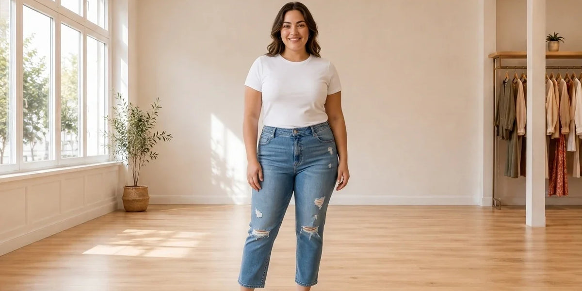 Model wearing Women's Plus 0X Pants Women's Plus TrendyRipped Ankle Jeans in Online Warehouse Sale boutique studio