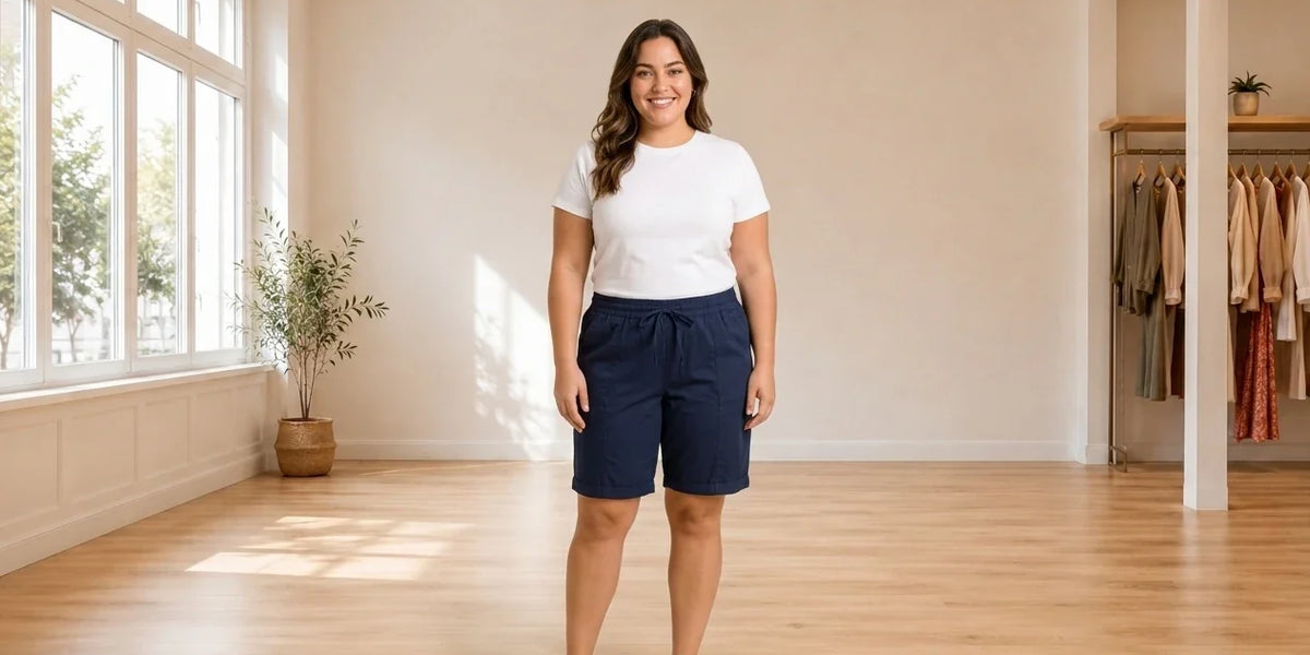 Model wearing Women's Plus 0X Shorts Women's Plus Drawstring Shorts in Online Warehouse Sale boutique studio