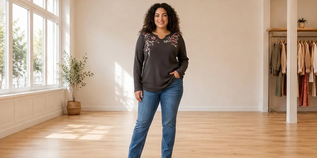 Model wearing Women's Plus 0X Tops Women's Plus Cotton Embroidered Thermal Top in Online Warehouse Sale boutique studio
