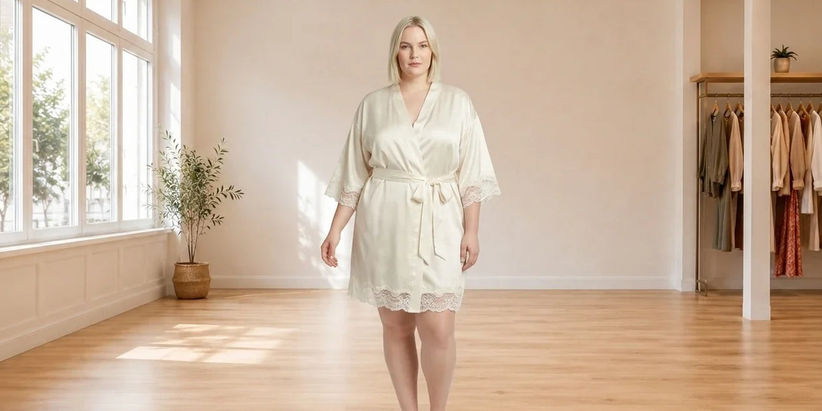 Model wearing Women's Plus 1X Loungewear and Pajamas Women's Plus Emma Lace-Trimmed Charmeuse Wrap Robe in Online Warehouse Sale boutique studio