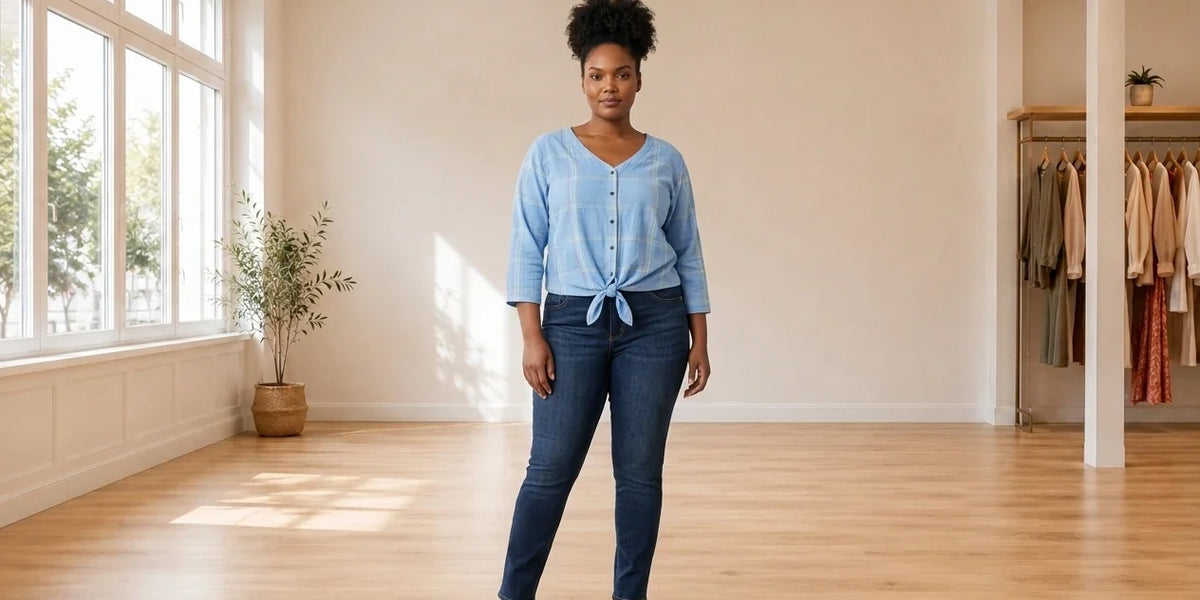 Model wearing Women's Plus 1X Shirts and Blouses Women's Plus Plaid Tie-Front Shirt in Online Warehouse Sale boutique studio