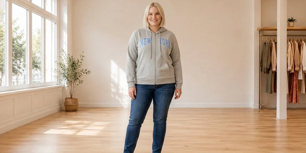 Model wearing Women's Plus 1X Sweaters and Cardigans Women's Plus Trendy New York-Print Sweatshirt in Online Warehouse Sale boutique studio