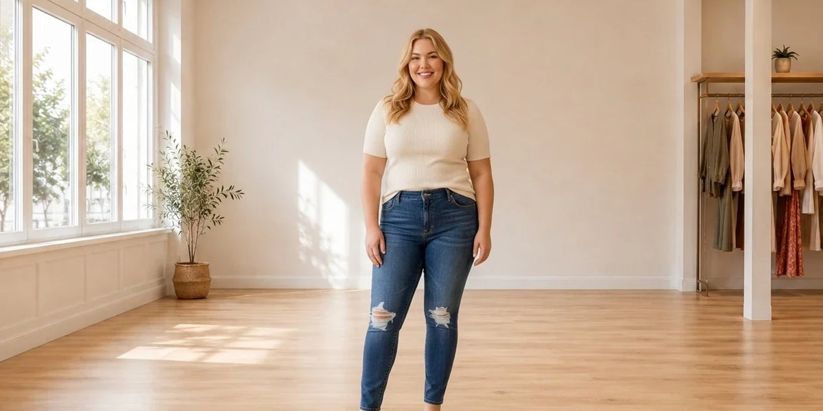 Model wearing Women's Plus 2X Bottoms Women's Plus Trendy 711 Skinny Jeans in Online Warehouse Sale boutique studio