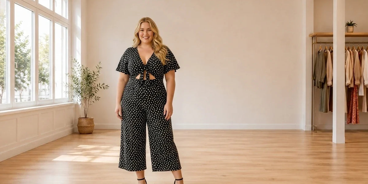 Model wearing Women's Plus 2X Jumpsuits and Rompers Women's Plus Printed Tie-Front Gaucho Jumpsuit in Online Warehouse Sale boutique studio