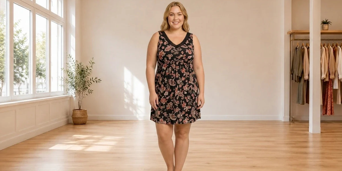 Model wearing Women's Plus 2X Loungewear and Pajamas Women's Plus Printed Empire-Waist Short Chemise Nightgown in Online Warehouse Sale boutique studio