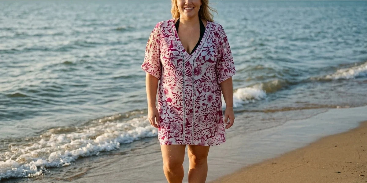 A woman walking on a sandy beach wearing a pink and white floral print short-sleeve cover-up with black trim over a black swimsuit.