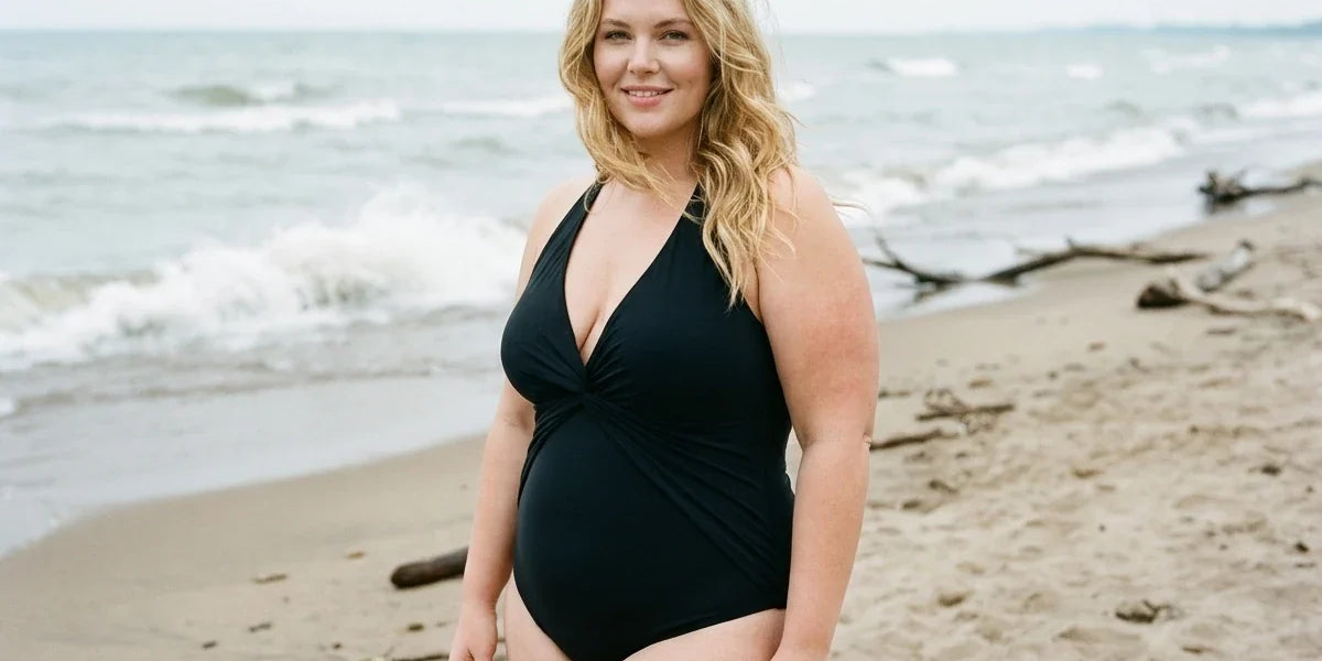 A woman wearing a black halter-neck maternity swimsuit stands on a sandy beach with the ocean waves in the background.