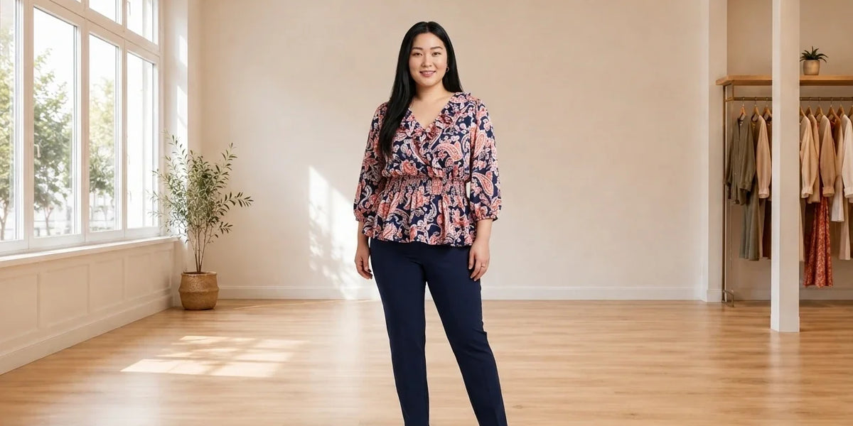 Model wearing Women's Plus 3X Blouses Women's Plus Smocked-Waist Peplum Top in Online Warehouse Sale boutique studio