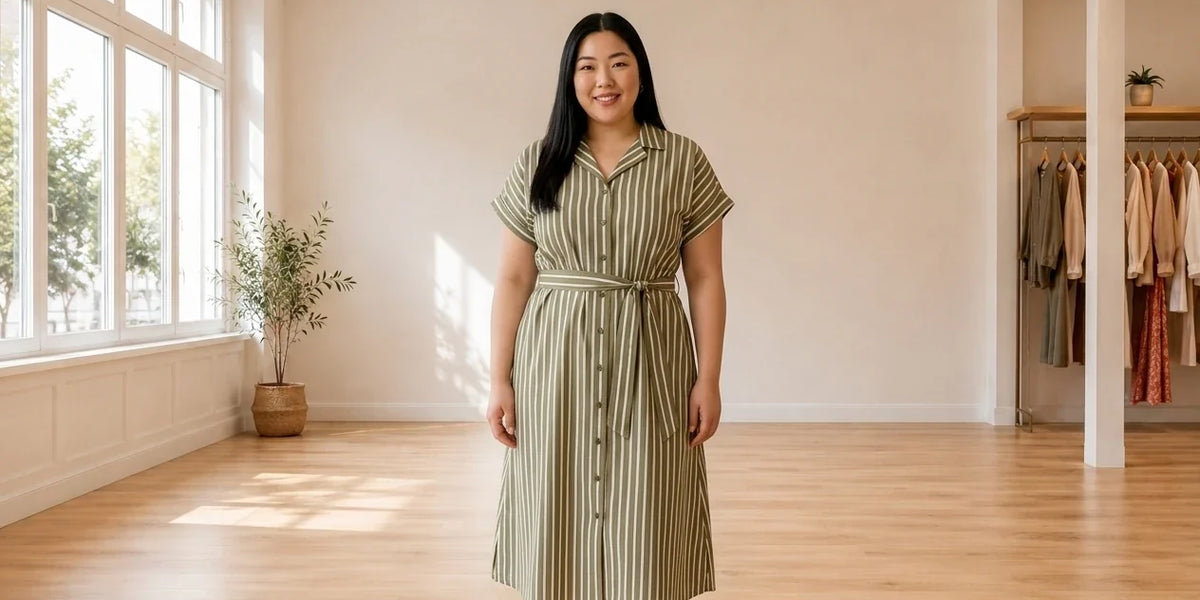 Model wearing Women's Plus 3X Dresses Women's Plus Cotton Striped Camp Shirtdress in Online Warehouse Sale boutique studio