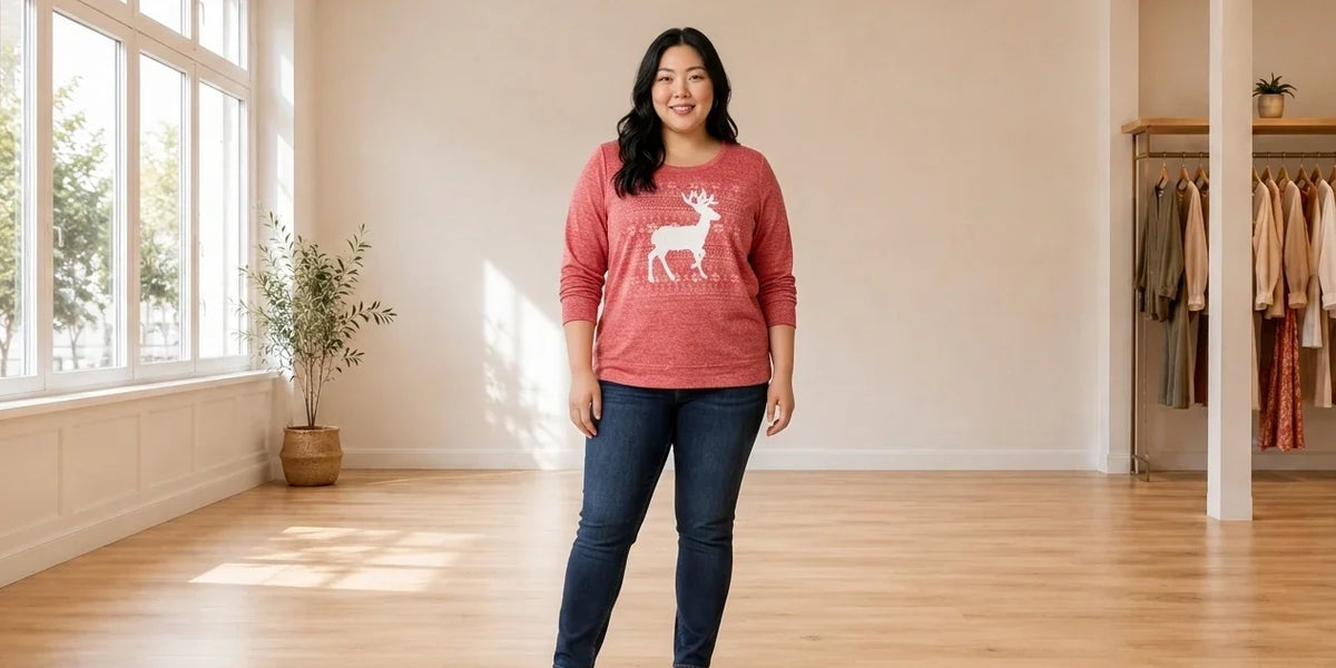 Model wearing Women's Plus 3X Hoodies and Sweatshirts Women's Plus Reindeer Sweatshirt in Online Warehouse Sale boutique studio