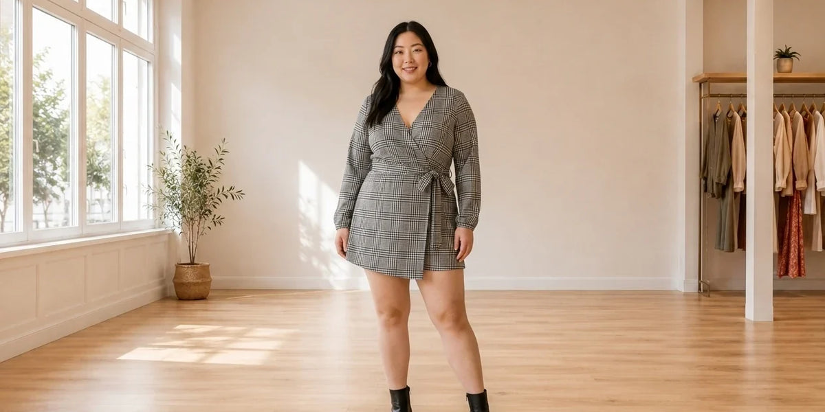 Model wearing Women's Plus 3X Jumpsuits and Rompers Women's Plus Trendy Plaid Skort Romper in Online Warehouse Sale boutique studio