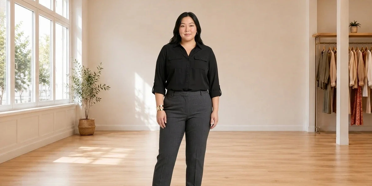 Model wearing Women's Plus 3X Shirts and Blouses Women's Plus Utility Blouse in Online Warehouse Sale boutique studio