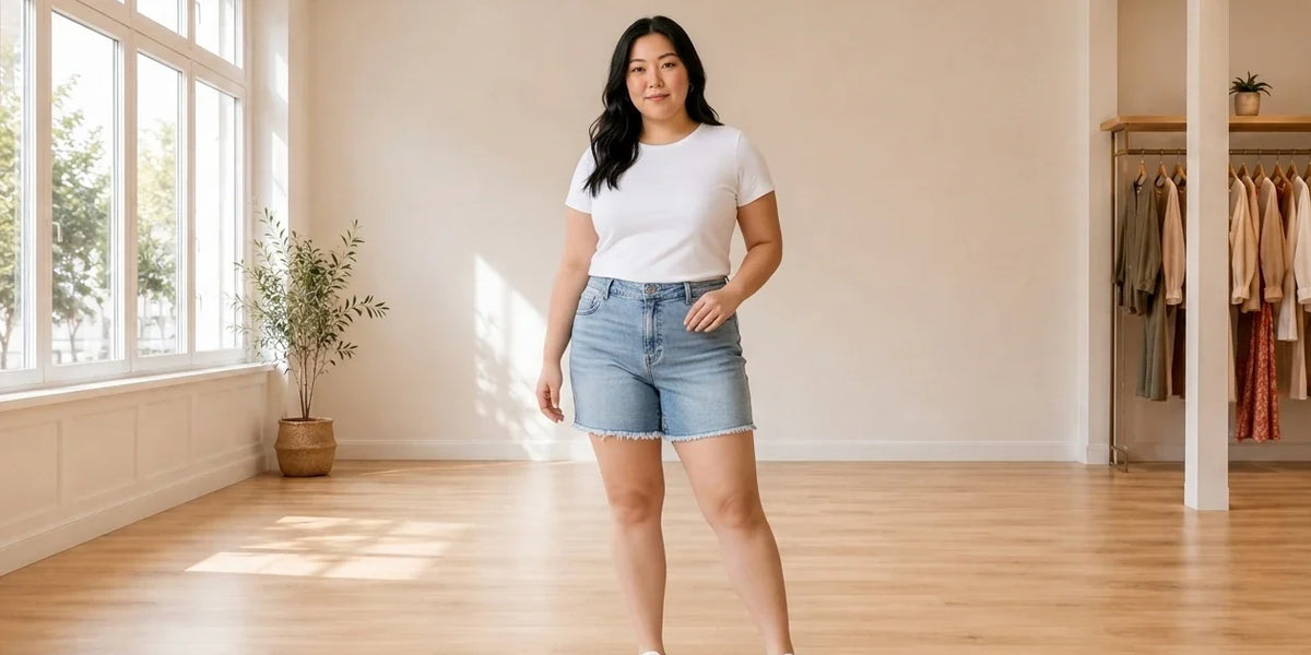 Model wearing Women's Plus 3X Shorts Women's Plus Trendy Frayed High-Rise Denim Shorts in Online Warehouse Sale boutique studio