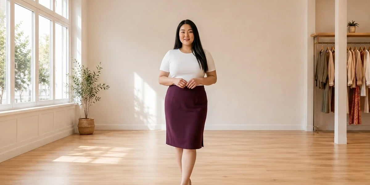 Model wearing Women's Plus 3X Skirts Women's Plus Soft Crepe Pencil Skirt in Online Warehouse Sale boutique studio