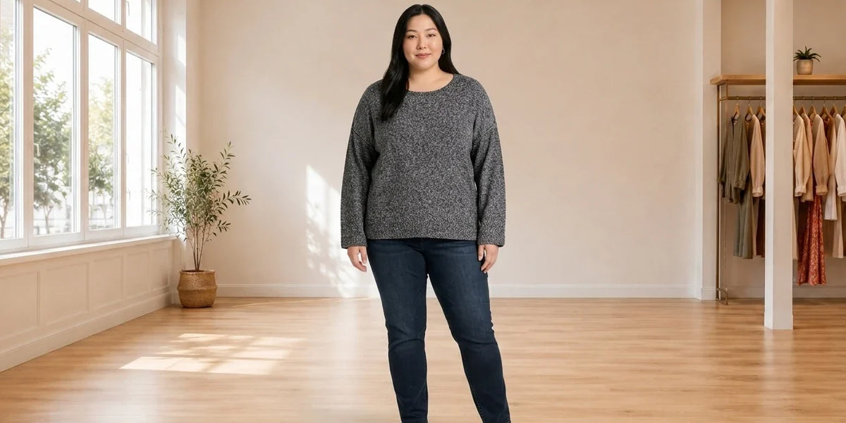 Model wearing Women's Plus 3X Sweaters and Cardigans Women's Plus Relaxed Marled Sweater in Online Warehouse Sale boutique studio