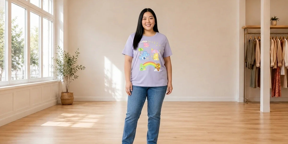 Model wearing Women's Plus 3X T-Shirts Women's Plus Trendy Care Bears Graphic T-Shirt in Online Warehouse Sale boutique studio