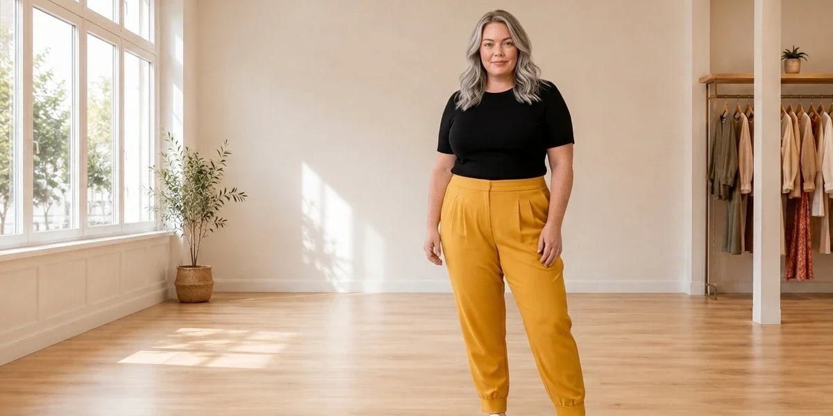 Model wearing Women's Plus 4X Bottoms Women's Plus Pleat-Front Jogger Pants in Online Warehouse Sale boutique studio