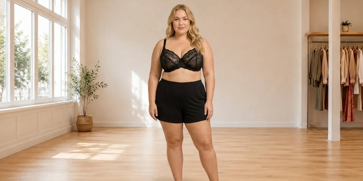 Model wearing Women's Plus 2X Bras lace-trim bralette and matching shorts in Online Warehouse Sale boutique studio
