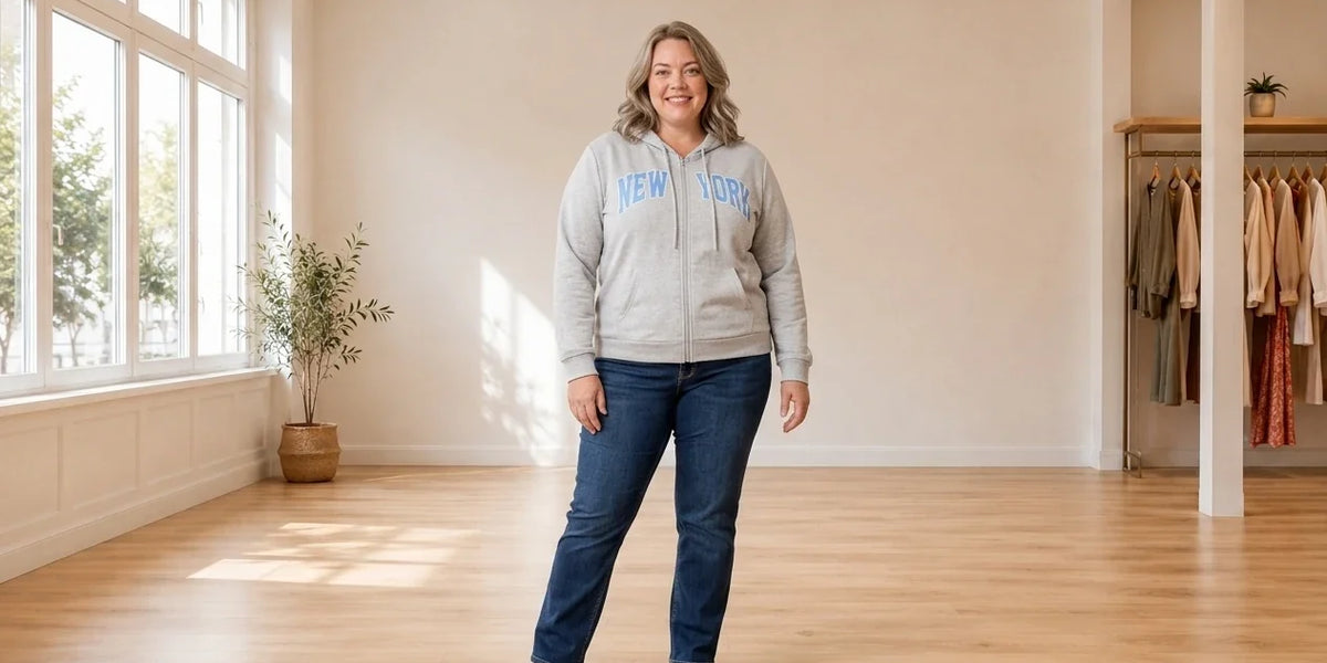 Model wearing Women's Plus 4X Hoodies and Sweatshirts Women's Plus Trendy New York-Print Sweatshirt in Online Warehouse Sale boutique studio