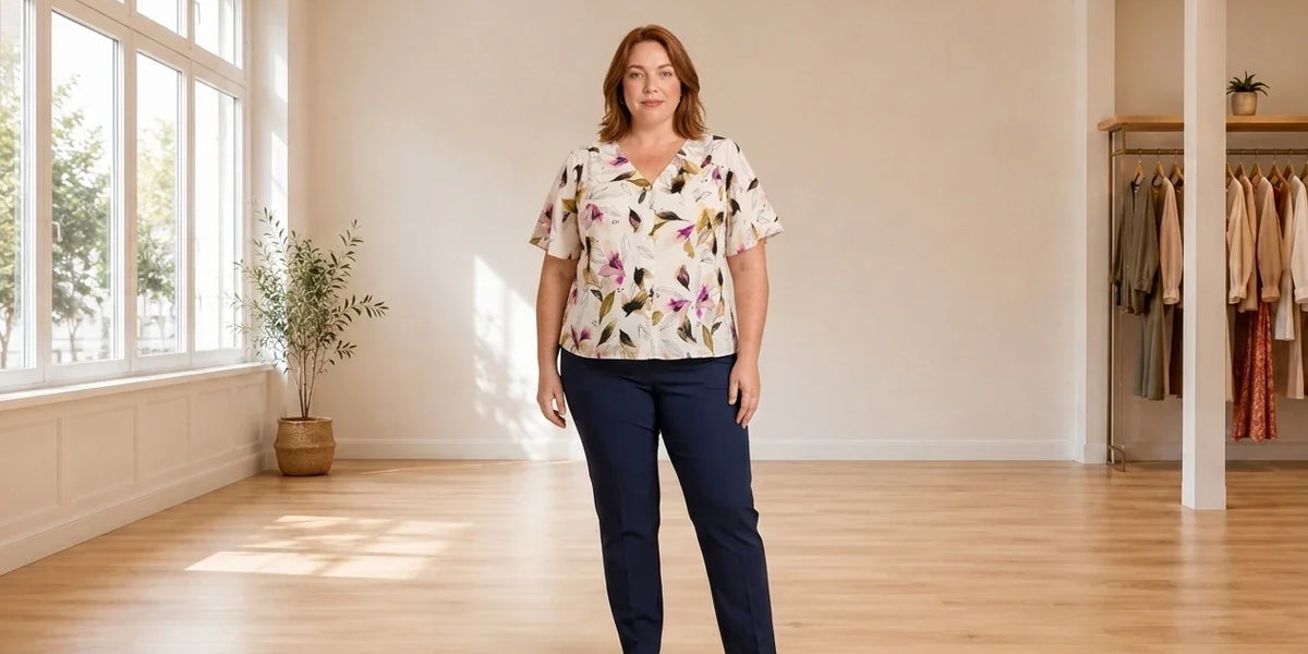 Model wearing Women's Plus 4X Shirts and Blouses Women's Plus Button-Front Flutter-Sleeve Top in Online Warehouse Sale boutique studio