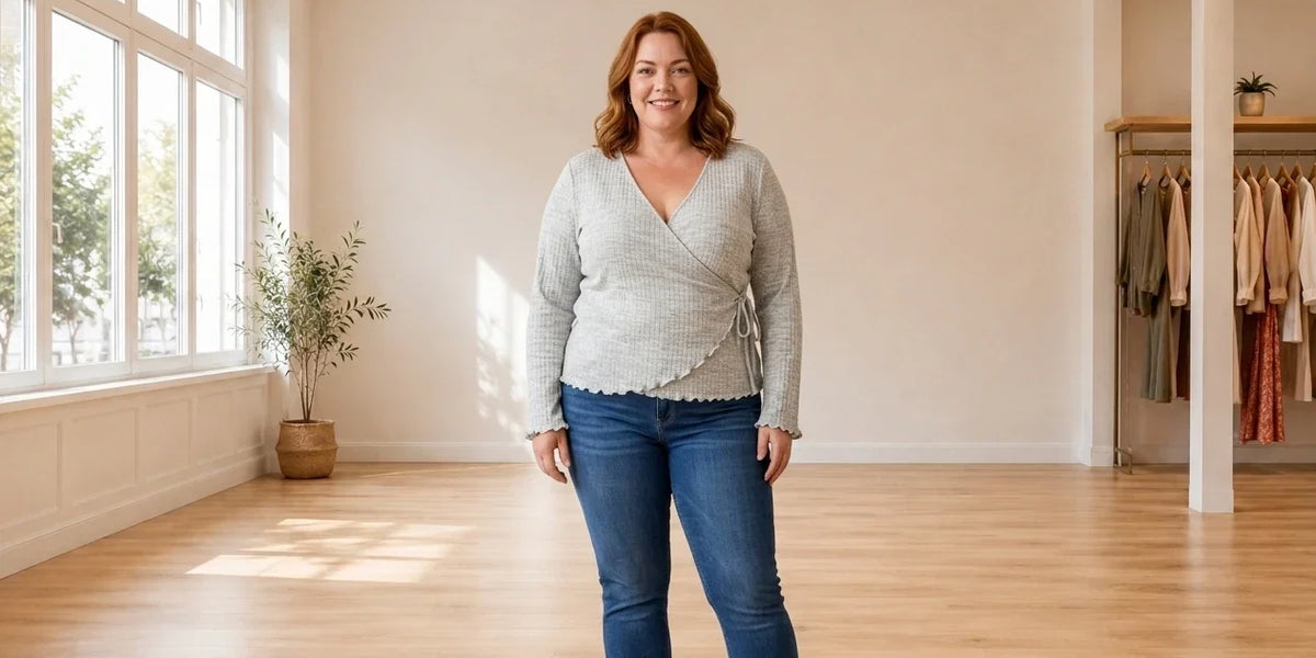 Model wearing Women's Plus 4X Sweaters and Cardigans Women's Plus Trendy Hacci Wrap Sweater in Online Warehouse Sale boutique studio
