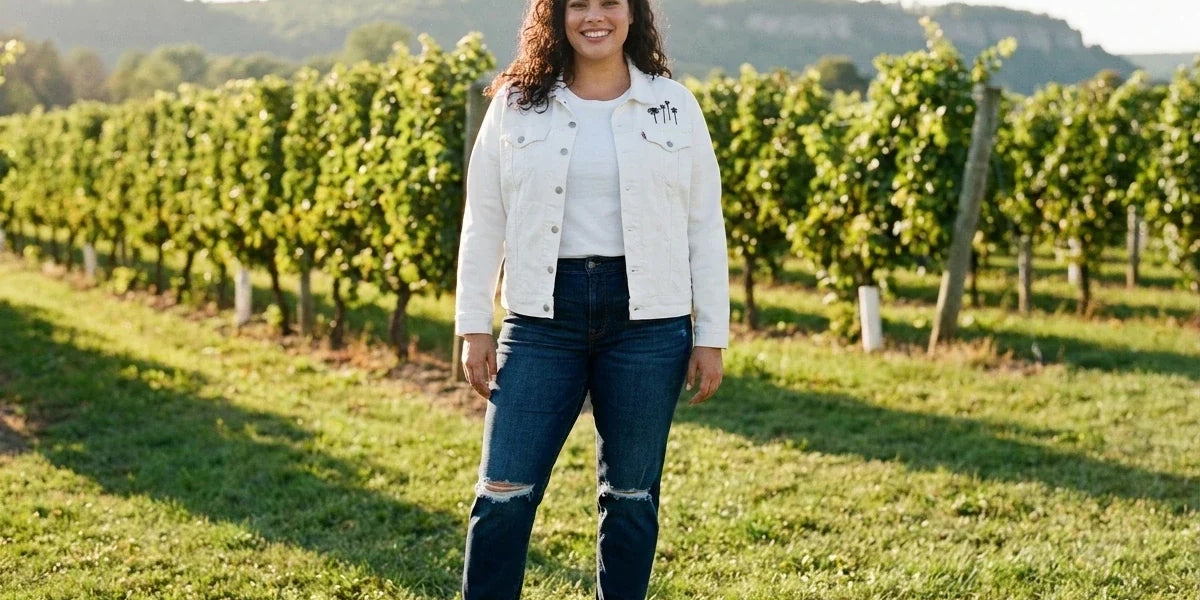 A woman stands in a sunny vineyard wearing a white denim jacket, distressed dark blue jeans, and black ankle boots.