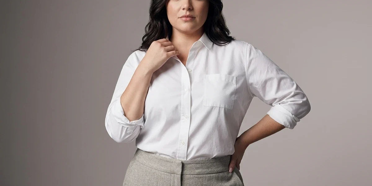A woman modeling a white long-sleeve button-down shirt with rolled sleeves and a chest pocket, paired with gray trousers, against a solid gray studio background.