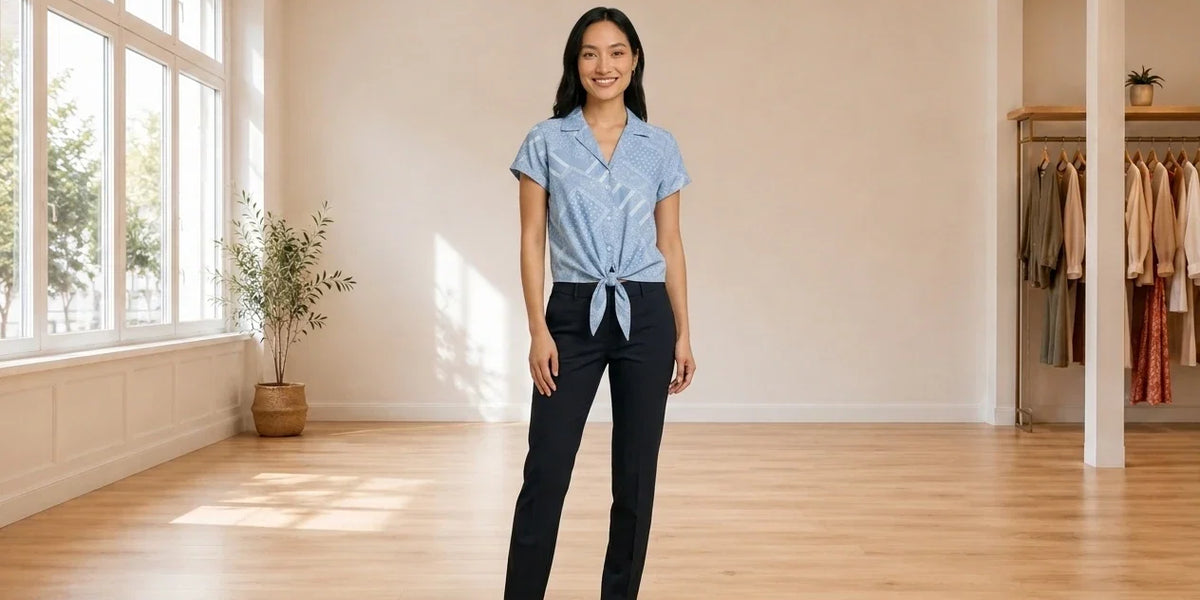 Model wearing Women's X-Large Blouses Women's Printed Button-Front Tie-Hem Top in Online Warehouse Sale boutique studio