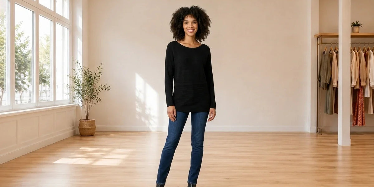 Model wearing Women's X-Large Cardigans Women's Crisscross-Back Tunic Sweater in Online Warehouse Sale boutique studio