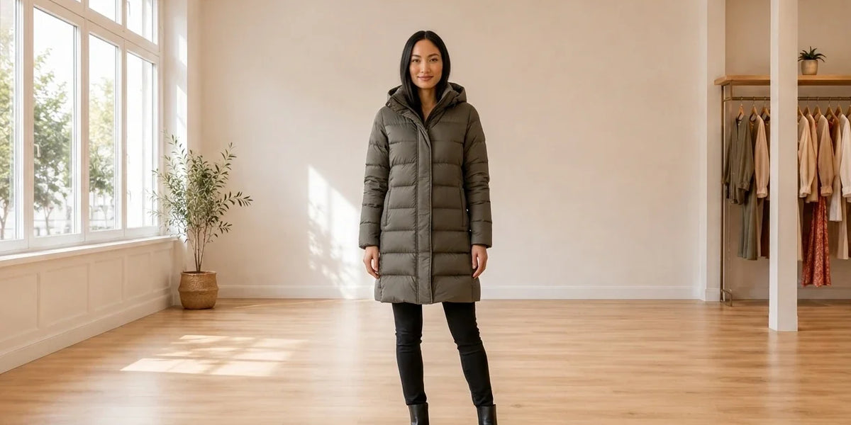 Model wearing Women's X-Large Clothing Women's Hooded Packable Down Puffer Coat in Online Warehouse Sale boutique studio