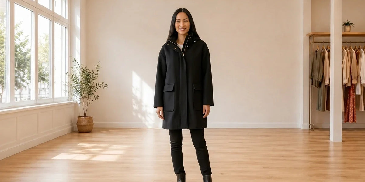 Model wearing Women's X-Large Coats, Jackets and Blazers Women's Oversized Stadium Coat in Online Warehouse Sale boutique studio
