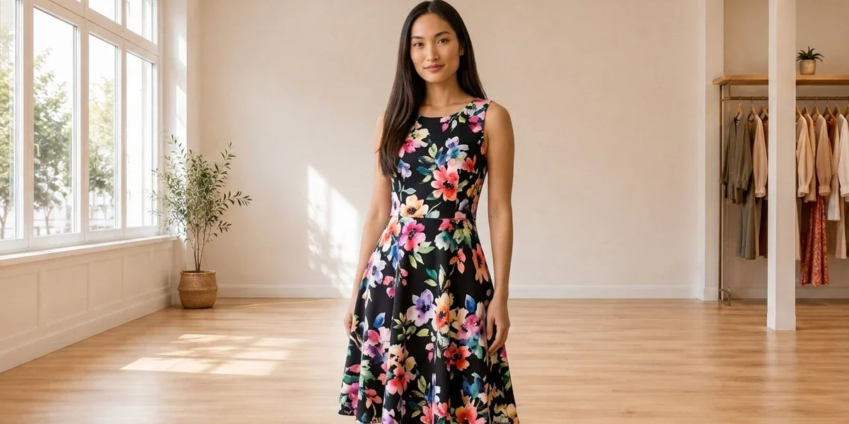 Model wearing Women's X-Large Dresses Women's Ponté-Knit Fit & Flare Dress in Online Warehouse Sale boutique studio