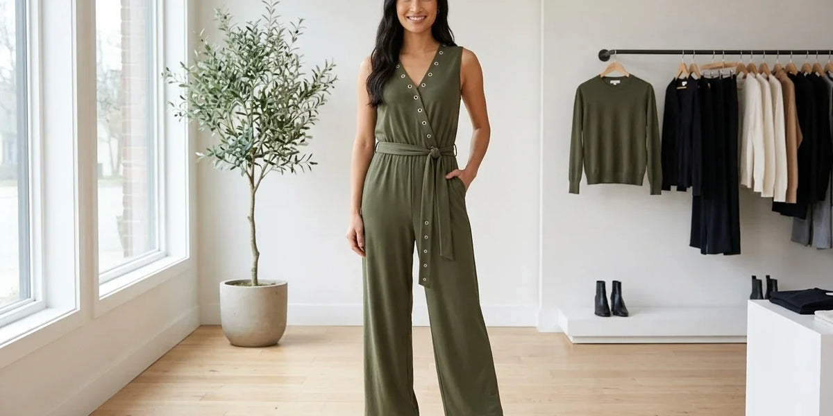 Model wearing Women's X-Large Jumpsuits and Rompers Women's Grommet Wide-Leg Jumpsuit in Online Warehouse Sale boutique studio