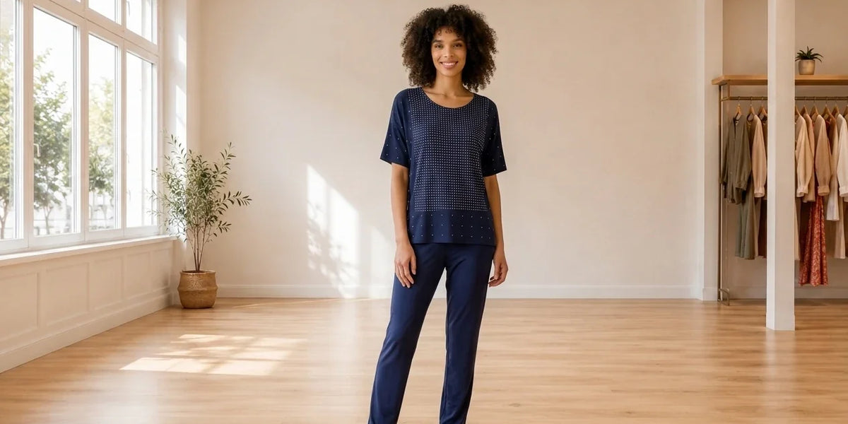 Model wearing Women's X-Large Loungewear and Pajamas Women's Contrast-Dots Pajama Top in Online Warehouse Sale boutique studio