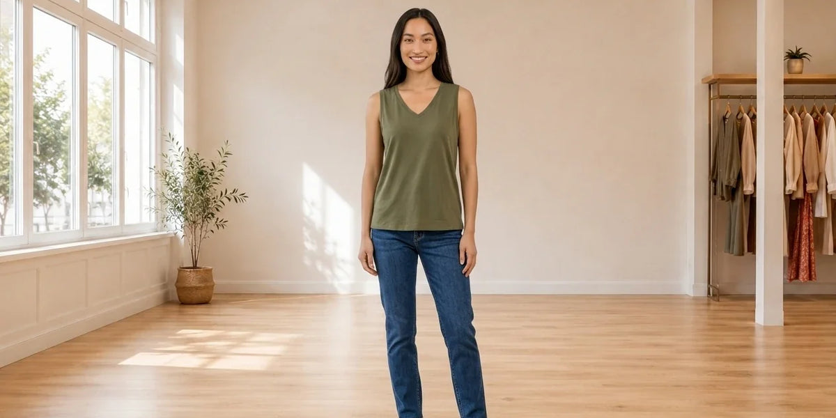 Model wearing Women's X-Large T-Shirts Women's Cotton V-Neck Tank Top in Online Warehouse Sale boutique studio
