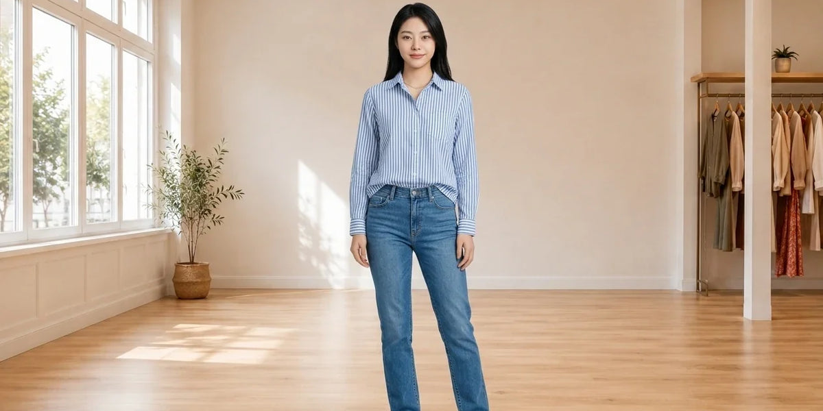 Model wearing Women's X-Small Blouses Women's Cotton Striped Shirt in Online Warehouse Sale boutique studio