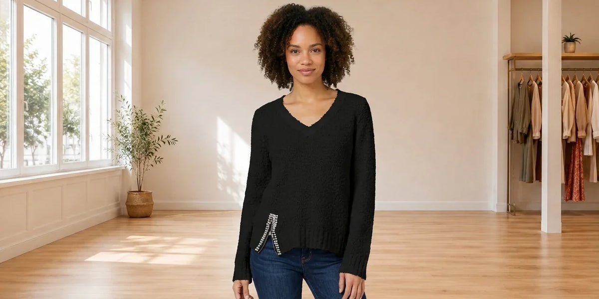 Model wearing Women's X-Small Cardigans Women's Embellished Popcorn Sweater in Online Warehouse Sale boutique studio