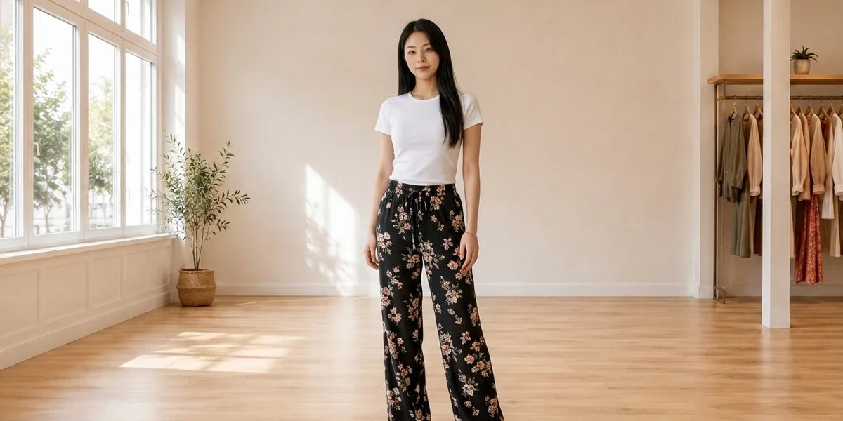 Model wearing Women's X-Small Pants Women's Floral-Print Wide-Leg Pants in Online Warehouse Sale boutique studio