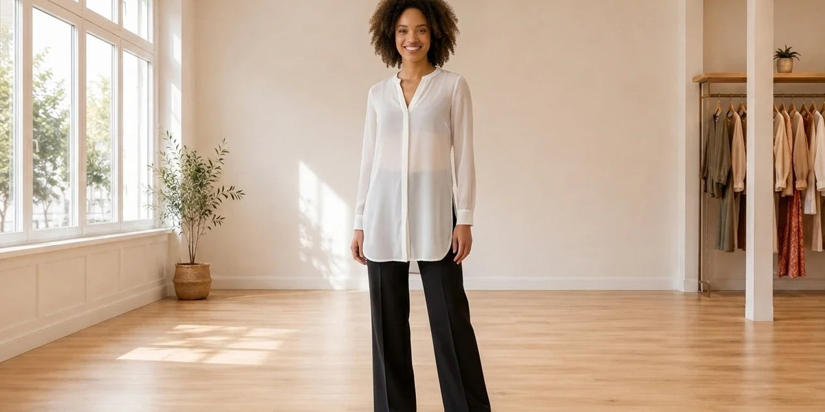 Model wearing Women's X-Small Shirts and Blouses Women's Semi-Sheer Tunic Blouse in Online Warehouse Sale boutique studio