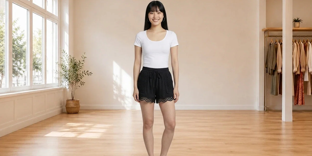 Model wearing Women's X-Small Shorts Women's Crochet-Trim Shorts in Online Warehouse Sale boutique studio