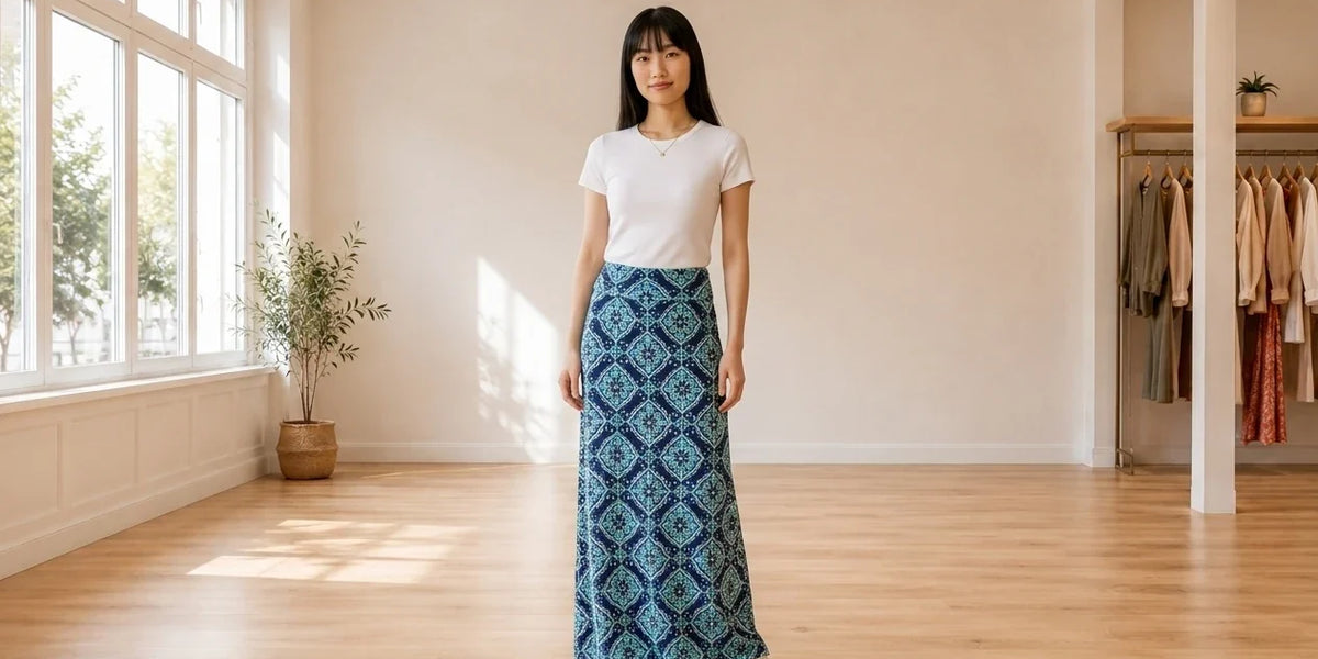 Model wearing Women's X-Small Skirts Women's Printed Knit Maxi Skirt in Online Warehouse Sale boutique studio
