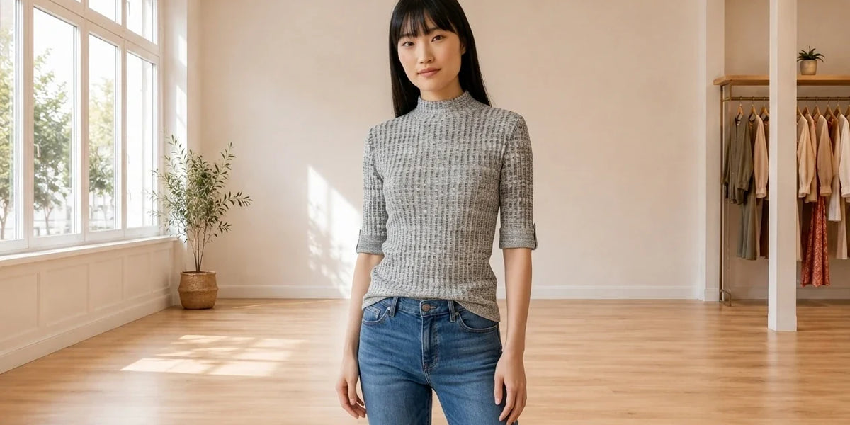 Model wearing Women's X-Small Sweaters and Cardigans Women's Marled Mock-Neck Sweater in Online Warehouse Sale boutique studio