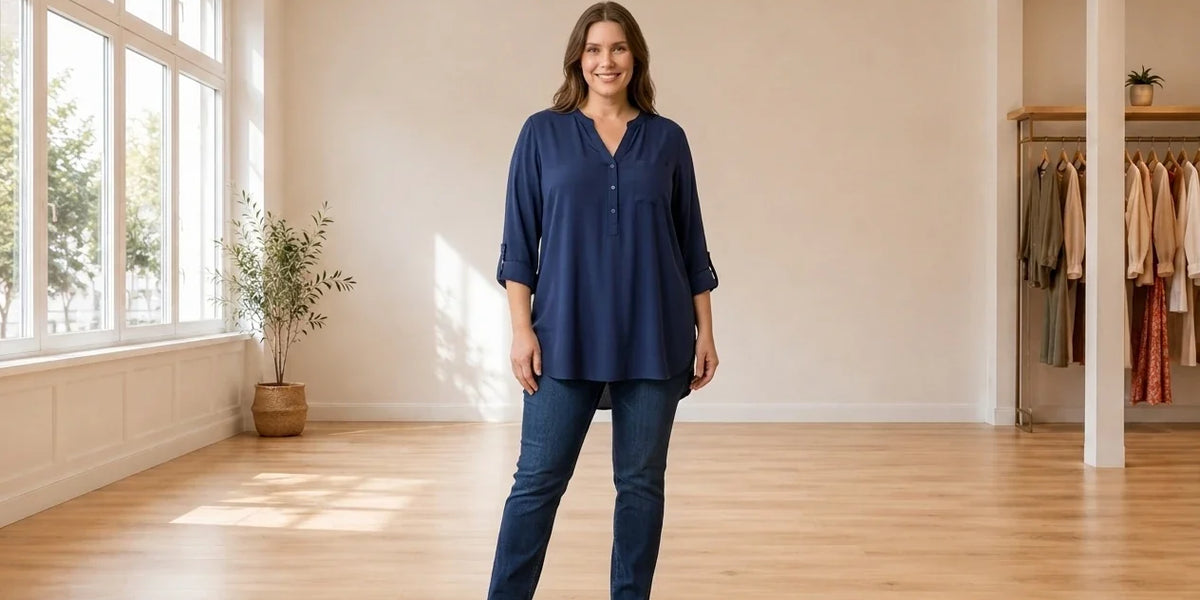 Model wearing Women's XX-Large Blouses Women's Solid Button-Down V-Neck Tunic Top in Online Warehouse Sale boutique studio