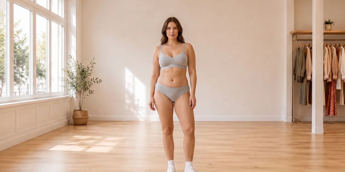 Model wearing Women's Calvin Klein XX-Large Bra & Panties loungewear sleep set in Online Warehouse Sale boutique studio